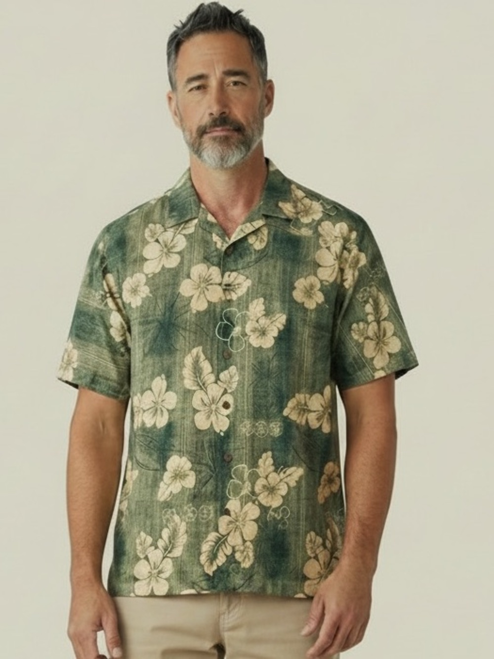 Tommy Bahama Green and Cream Floral Camp Shirt